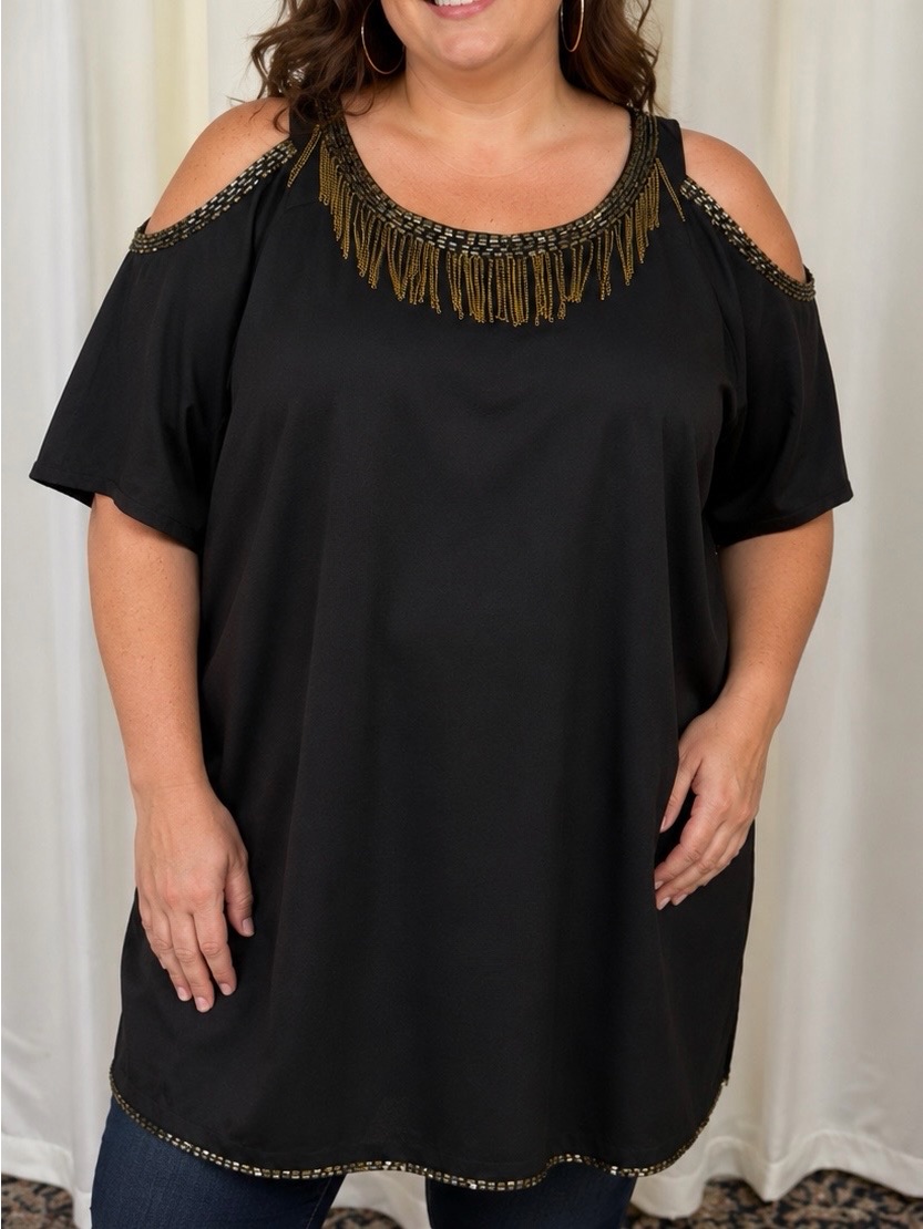 Nwt Eloquii Black Cold Shoulder Tunic Length Top W/ Beading Chain Accents 18/20